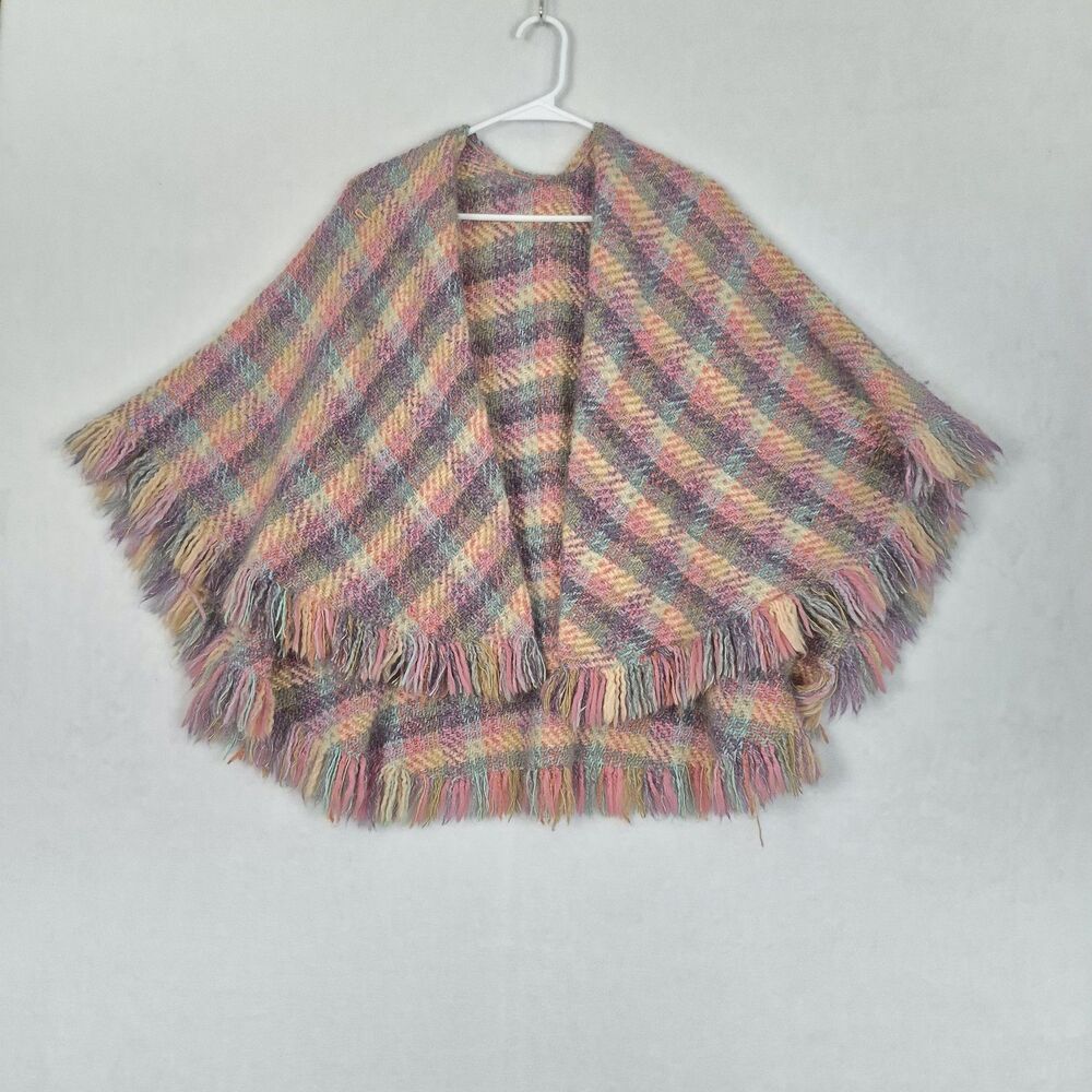 Pastel Fringe Knit Crochet Poncho Cape Hand Inserts Boho One Size Plaid Rainbow